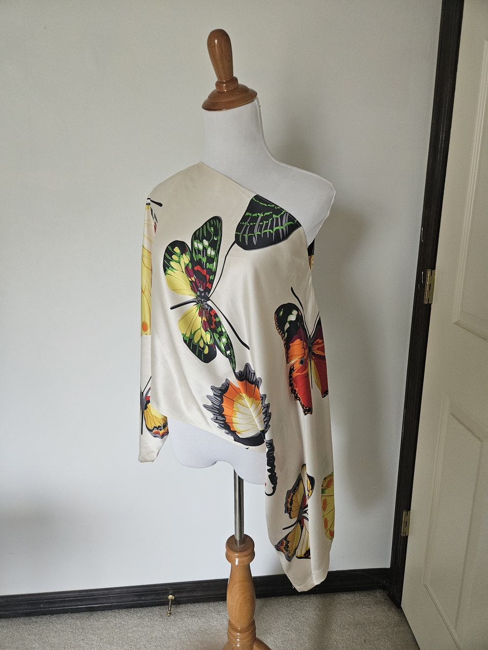 Butterfly Print One-Shoulder Satin Top - Ivory Base 100% SILK
